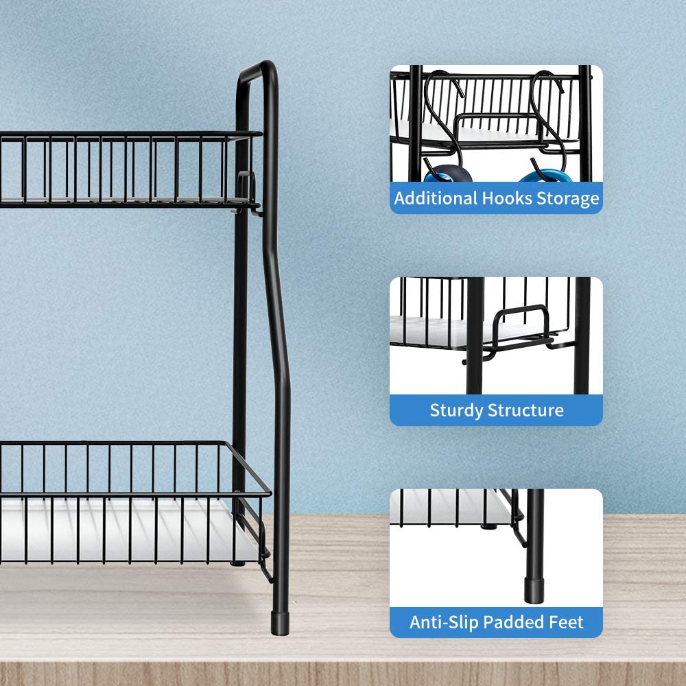 Bathroom Counter Organizer 2 Tier Countertop Storage Shelf Freestanding with Shelf Liner Kitchen Spice Rack Organizer with 4 Hooks -Black