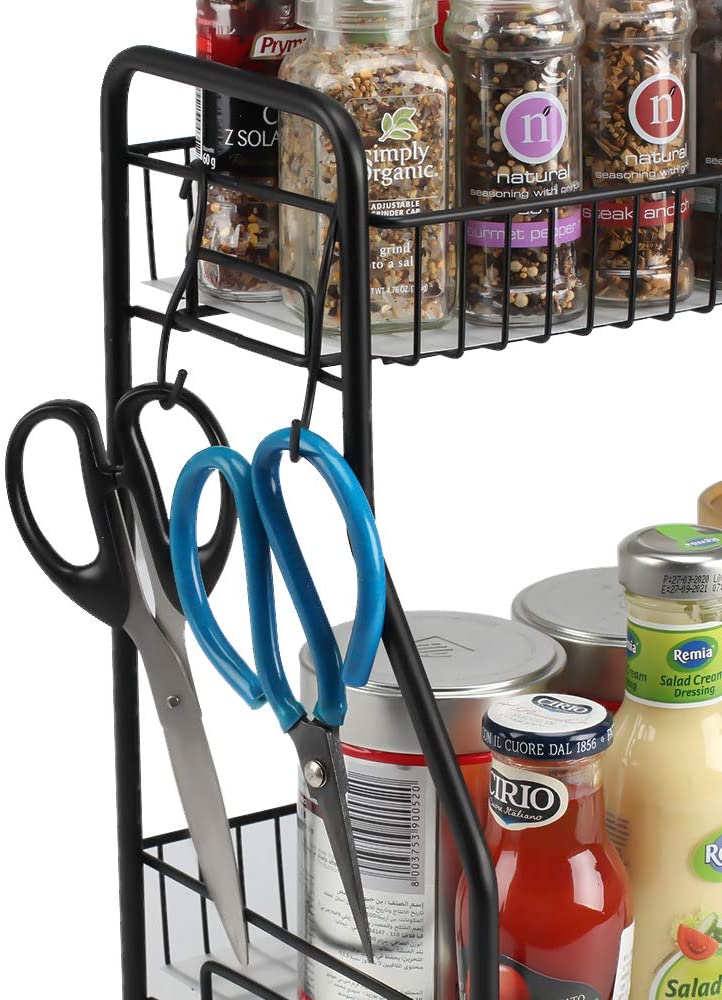 Bathroom Counter Organizer 2 Tier Countertop Storage Shelf Freestanding with Shelf Liner Kitchen Spice Rack Organizer with 4 Hooks -Black