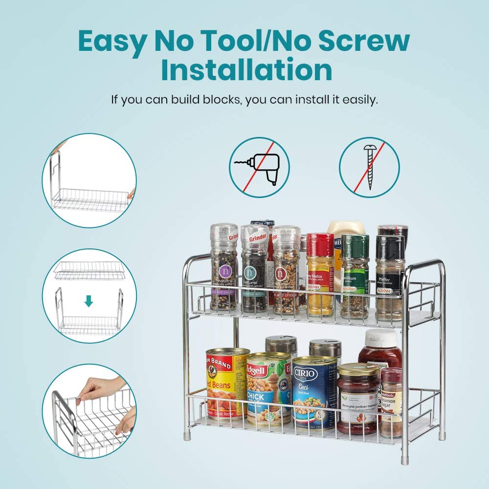 Spice Rack Organizer for Countertop 2 Tier Counter Shelf Standing Holder Storage for Kitchen Cabinet-Chrome