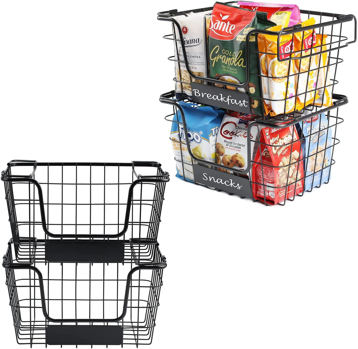 4PK-Stackable Wire Baskets XXL Fruit Vegetable Produce Baskets with Handles for Kitchen Countertop Metal Food Storage Bins for Pantry, Freezer, Bathroom-Black