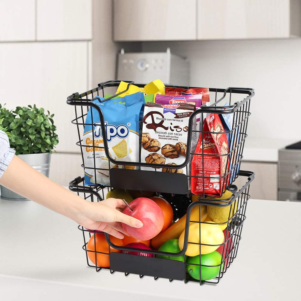 4PK-Stackable Wire Baskets XXL Fruit Vegetable Produce Baskets with Handles for Kitchen Countertop Metal Food Storage Bins for Pantry, Freezer, Bathroom-Black