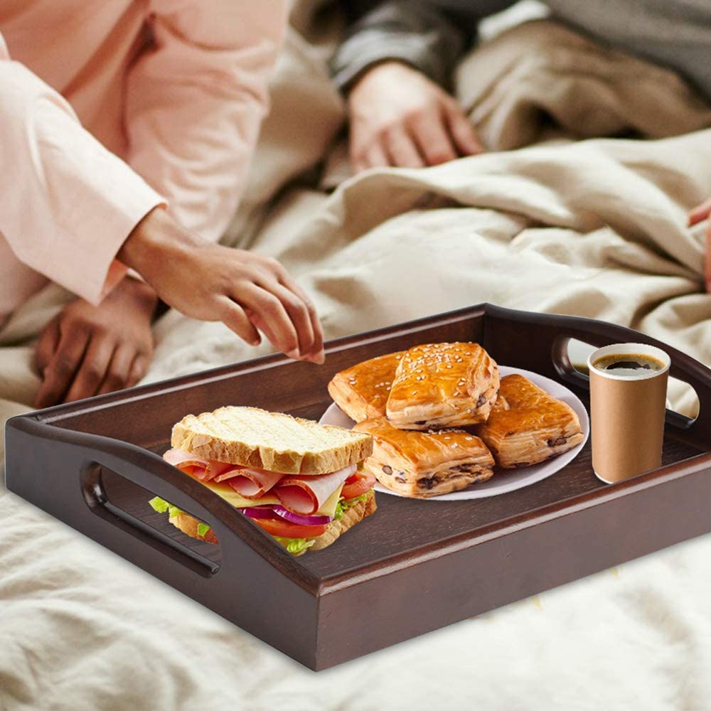 Wooden Tray Rectangle Rustic Coffee Table Tray Butler Serving Tray with Handle for Coffee Table Ottoman Eating and Food Drink Serving with Handle 16x12 inch