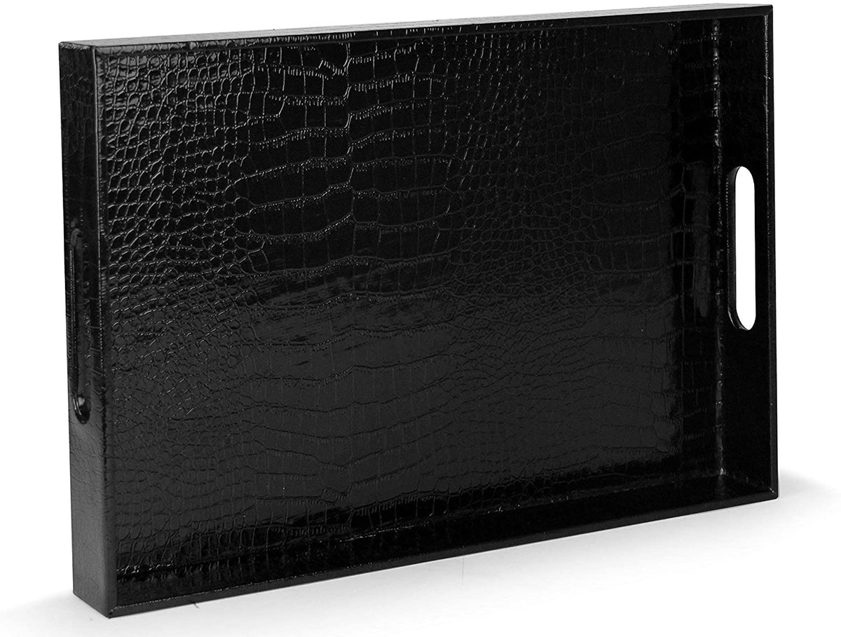 Beautiful Modern Elegant Black 18"x12" Rectangle Glossy Alligator Croc Decorative Ottoman Coffee Table Perfume Living Dining Room Kitchen Serving Tray With Handles By Home