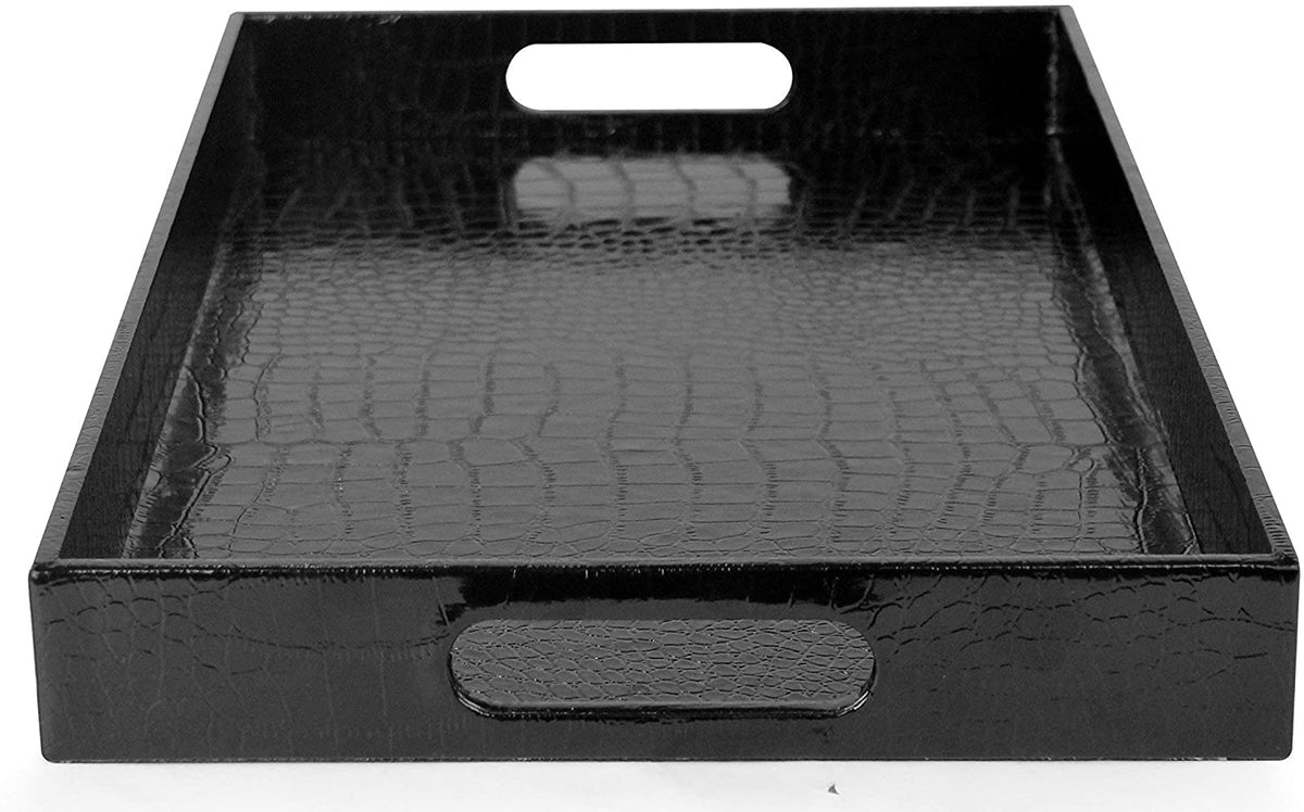 Beautiful Modern Elegant Black 18"x12" Rectangle Glossy Alligator Croc Decorative Ottoman Coffee Table Perfume Living Dining Room Kitchen Serving Tray With Handles By Home