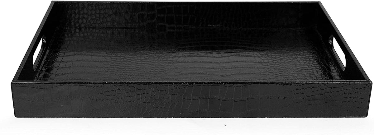 Beautiful Modern Elegant Black 18"x12" Rectangle Glossy Alligator Croc Decorative Ottoman Coffee Table Perfume Living Dining Room Kitchen Serving Tray With Handles By Home