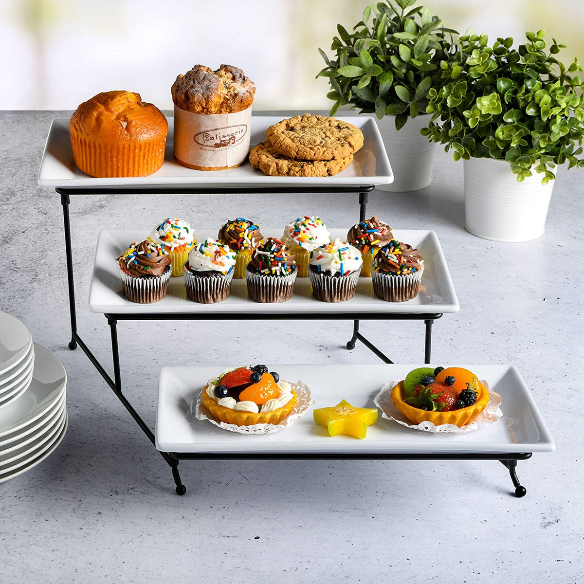 Gracious Dining Dinnerware, 3-Tier Rectangle Plate Set with Metal Stand, White