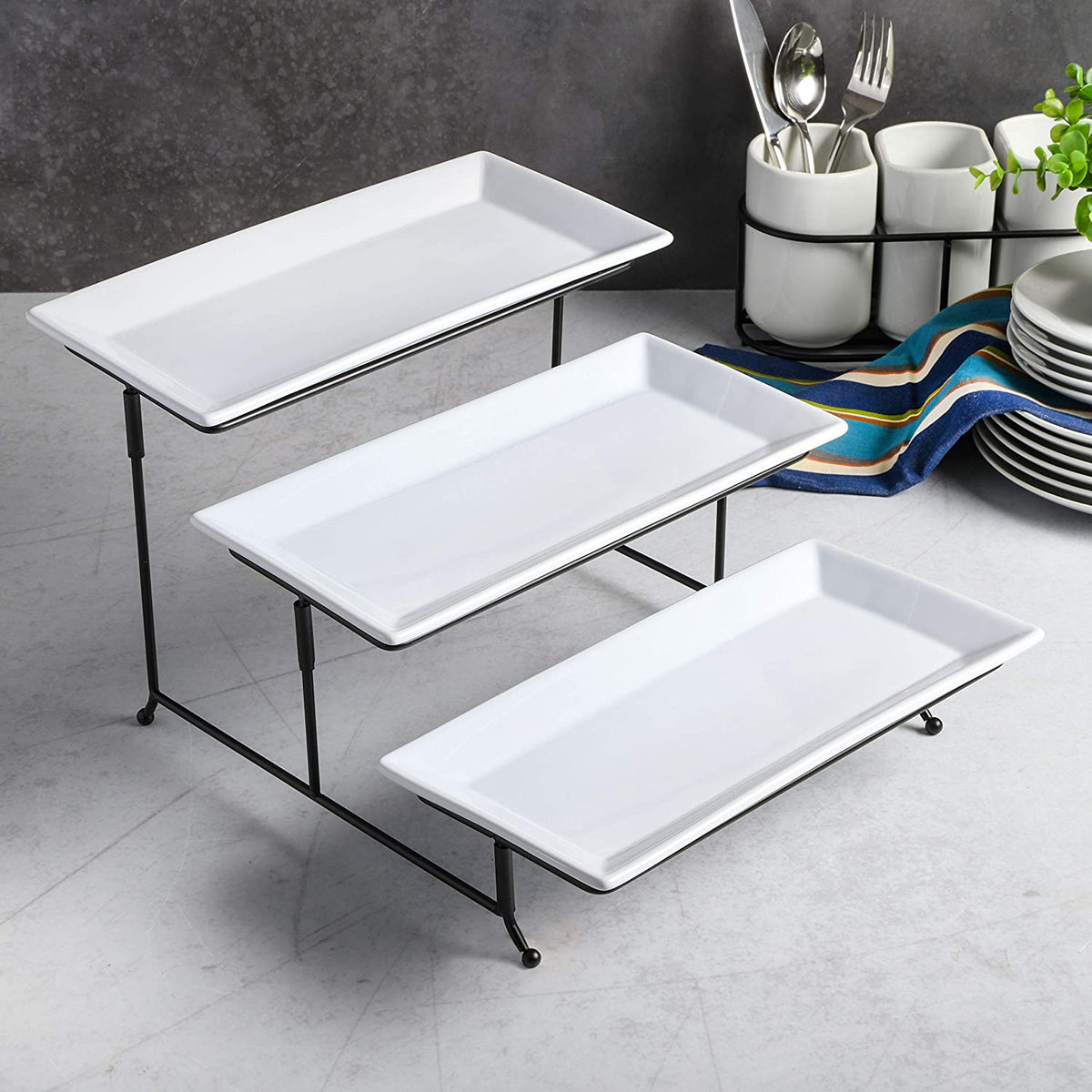 Gracious Dining Dinnerware, 3-Tier Rectangle Plate Set with Metal Stand, White