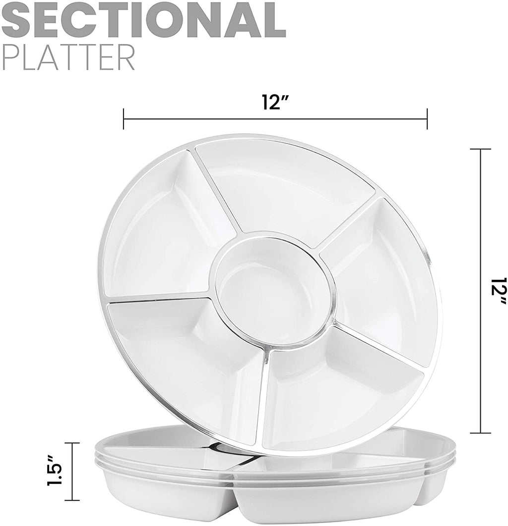 6 Sectional Round Plastic Serving Tray, Size: 12 inch, Color: White/Silver, Pack of 4