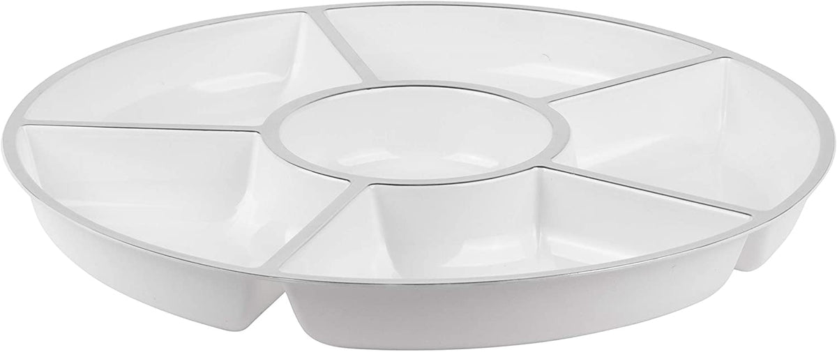 6 Sectional Round Plastic Serving Tray, Size: 12 inch, Color: White/Silver, Pack of 4