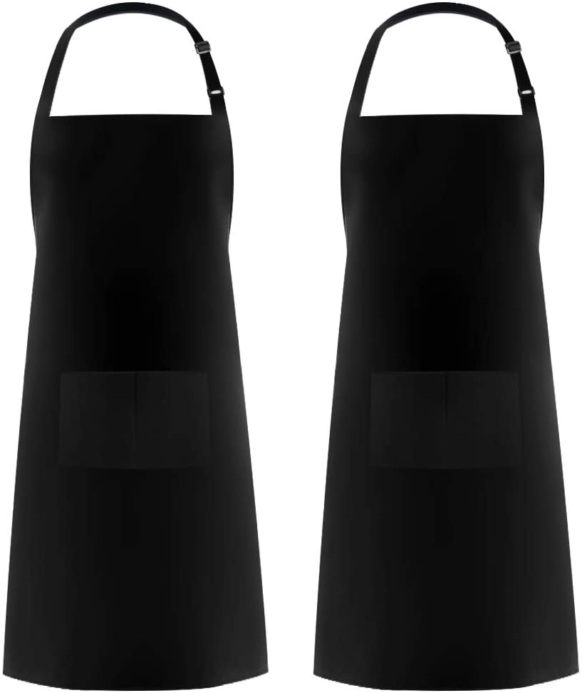 100% Cotton Adjustable Bib 2 Pockets Cooking Kitchen Aprons, BBQ Drawing, Women Men Chef, Black
