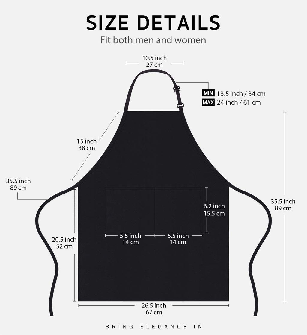 100% Cotton Adjustable Bib 2 Pockets Cooking Kitchen Aprons, BBQ Drawing, Women Men Chef, Black