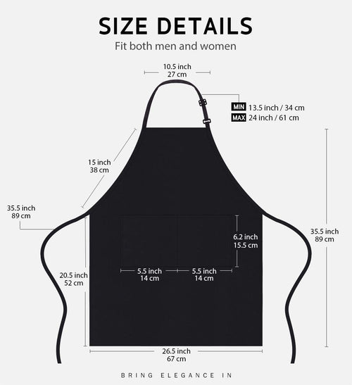 100% Cotton Adjustable Bib 2 Pockets Cooking Kitchen Aprons, BBQ Drawing, Women Men Chef, Black