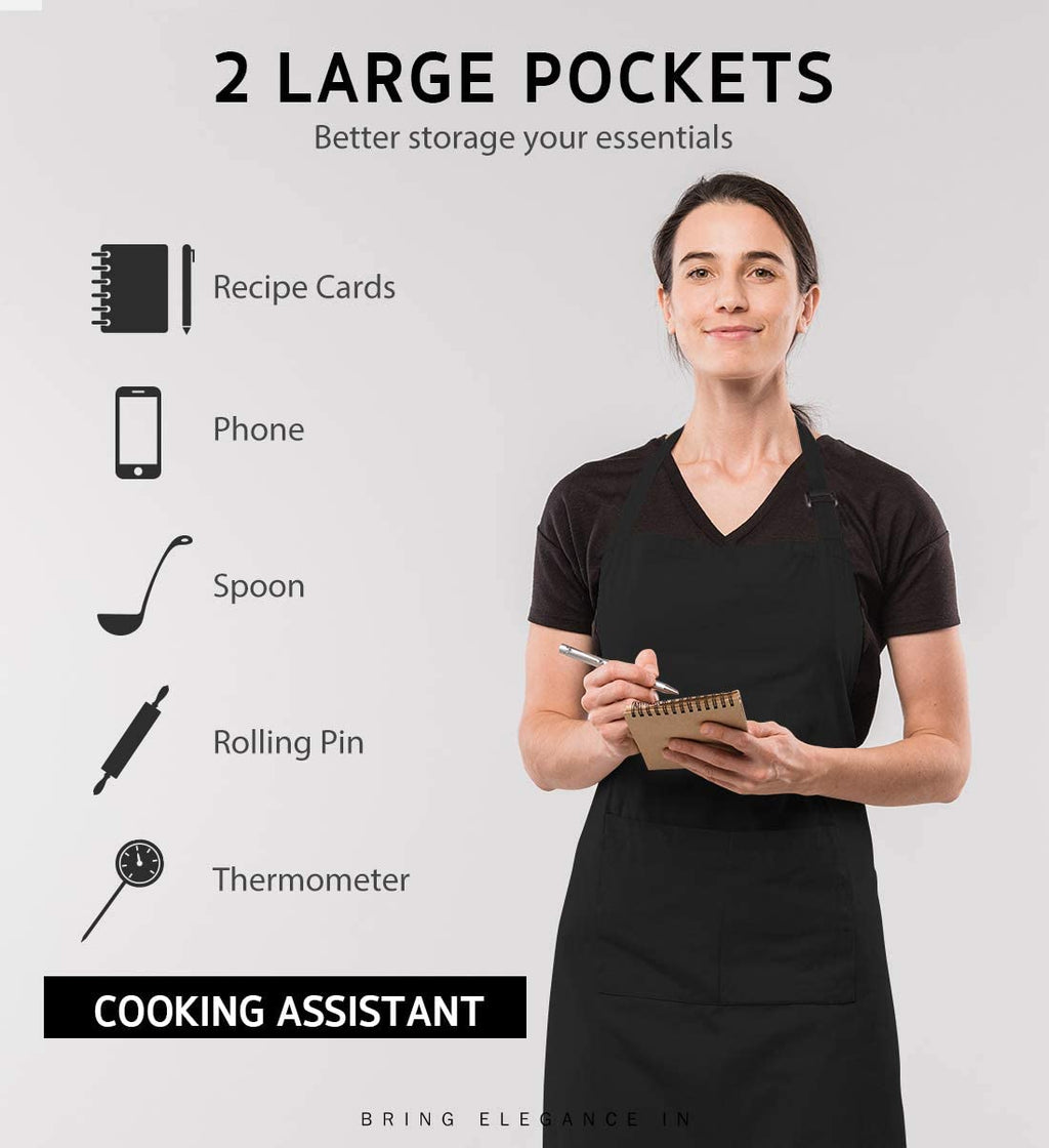 100% Cotton Adjustable Bib 2 Pockets Cooking Kitchen Aprons, BBQ Drawing, Women Men Chef, Black
