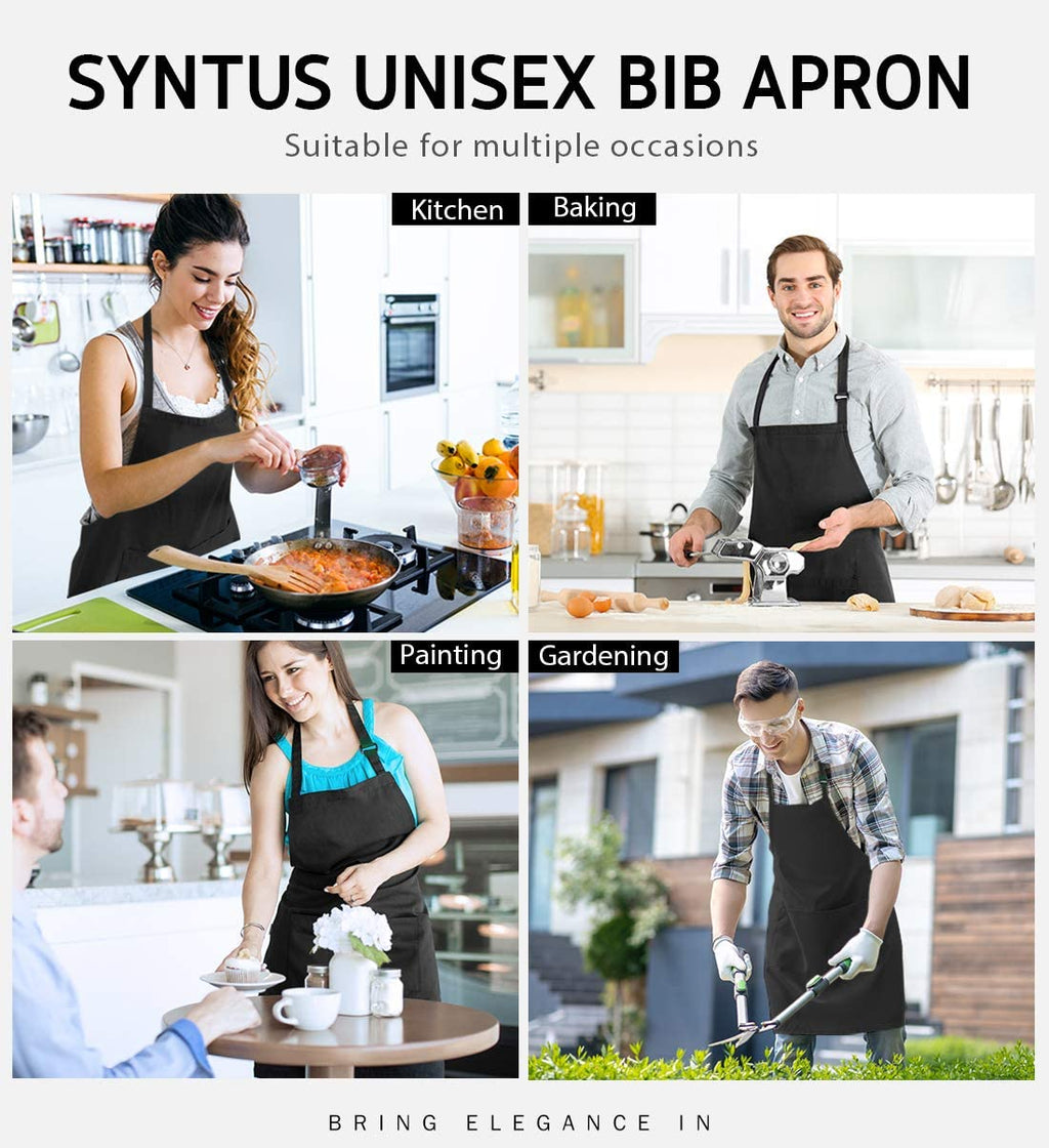 100% Cotton Adjustable Bib 2 Pockets Cooking Kitchen Aprons, BBQ Drawing, Women Men Chef, Black