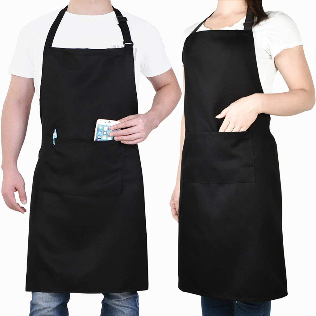 Adjustable Bib Aprons, Water Oil Stain Resistant Black Kitchen Chef Cooking Aprons with Pockets for Men Women (2 Pack)