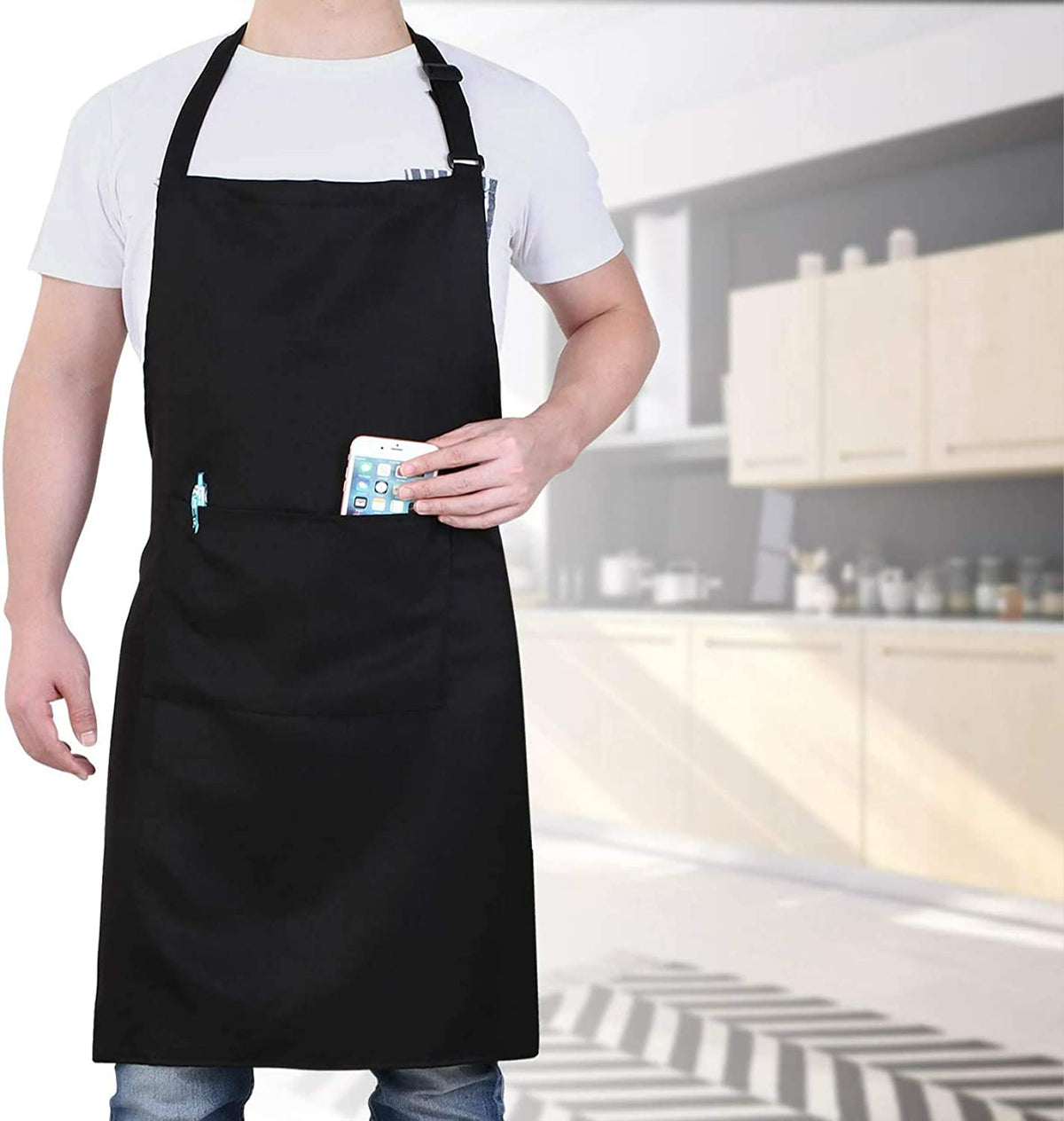Adjustable Bib Aprons, Water Oil Stain Resistant Black Kitchen Chef Cooking Aprons with Pockets for Men Women (2 Pack)