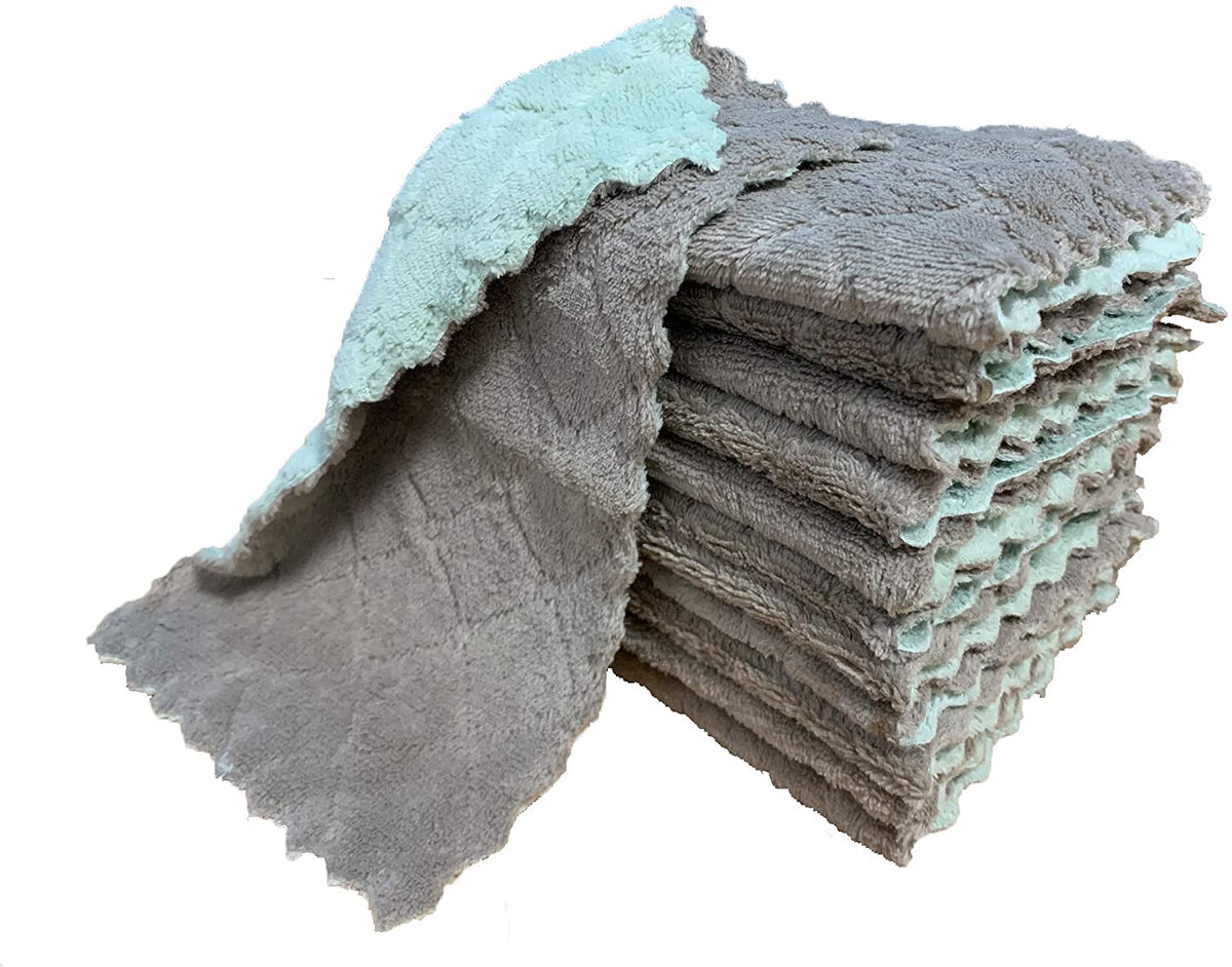 12 Pack Kitchen Cloth Dish Towels, Premium Dishcloths, Super Absorbent Coral Velvet Dishtowels, Nonstick Oil Washable Fast Drying (Green-Grey)