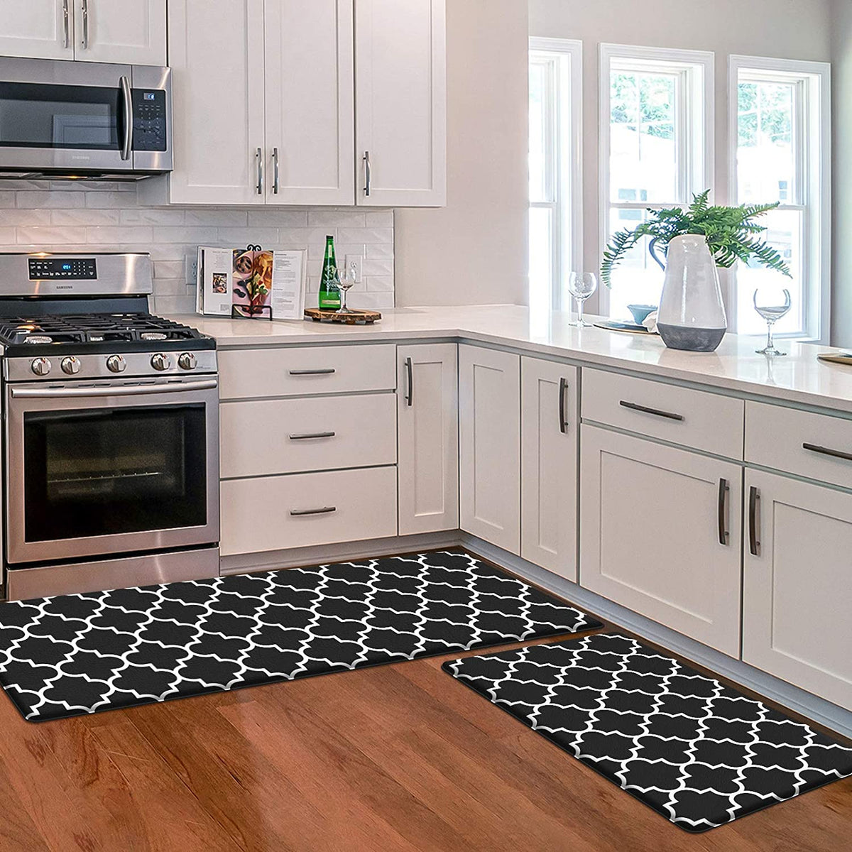 Kitchen Mat [2 PCS] Cushioned Anti-Fatigue Floor Mat, Waterproof Kitchen Mats and Rugs Heavy Duty PVC Ergonomic Comfort Standing Foam Mat for Kitchen, Floor Home, Office, Sink, Laundry,Black