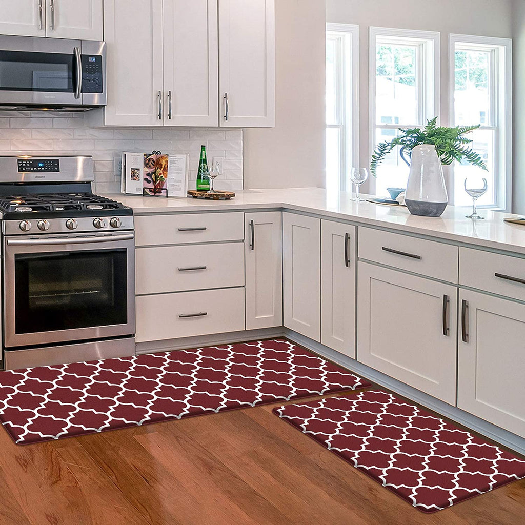 Kitchen Mat [2 PCS] Cushioned Anti-Fatigue Kitchen Rug, Waterproof Non-Slip Kitchen Mats and Rugs Heavy Duty PVC Ergonomic Comfort Standing Foam Mat for Kitchen, Office, Sink, Laundry,Red