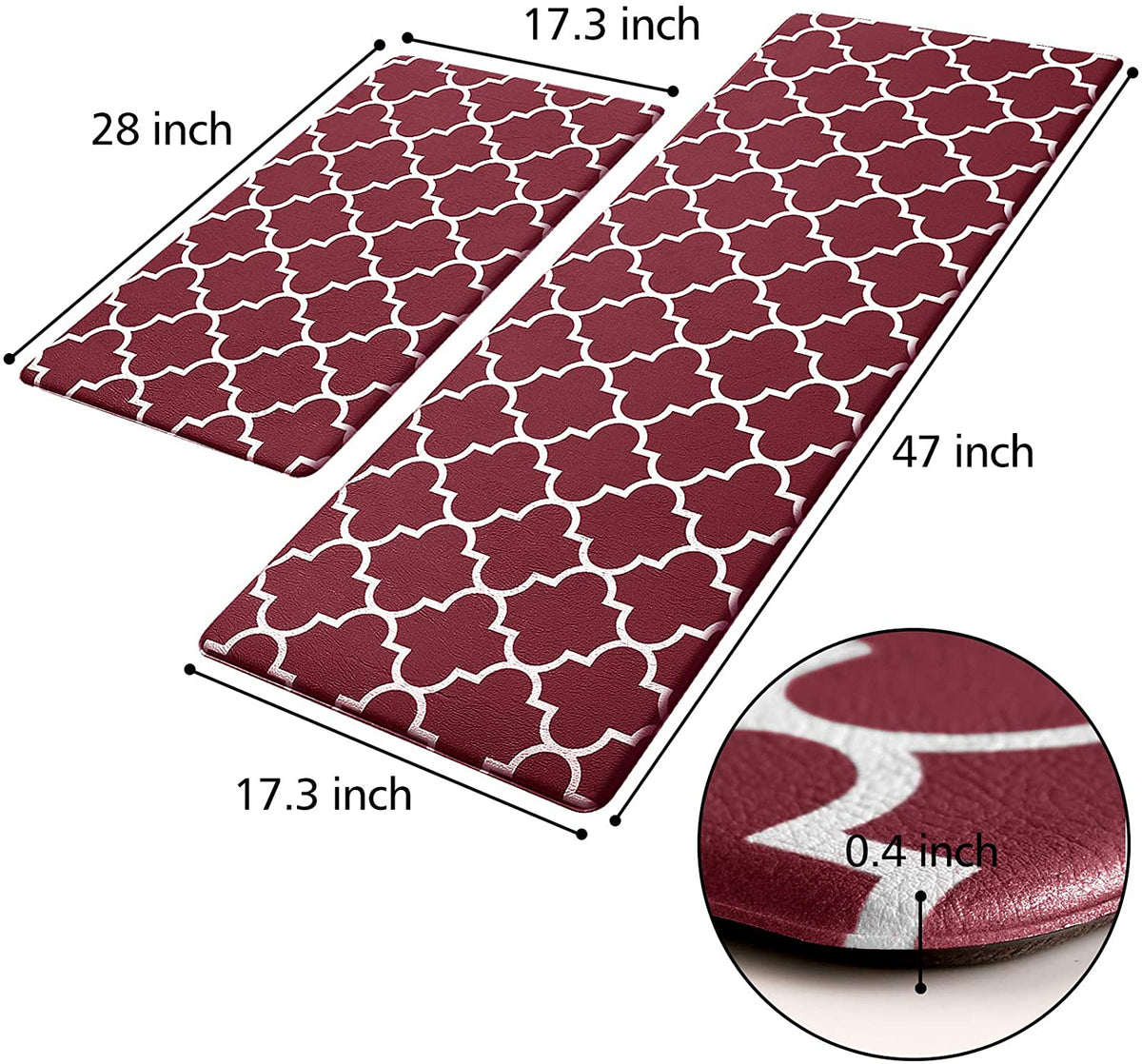 Kitchen Mat [2 PCS] Cushioned Anti-Fatigue Kitchen Rug, Waterproof Non-Slip Kitchen Mats and Rugs Heavy Duty PVC Ergonomic Comfort Standing Foam Mat for Kitchen, Office, Sink, Laundry,Red