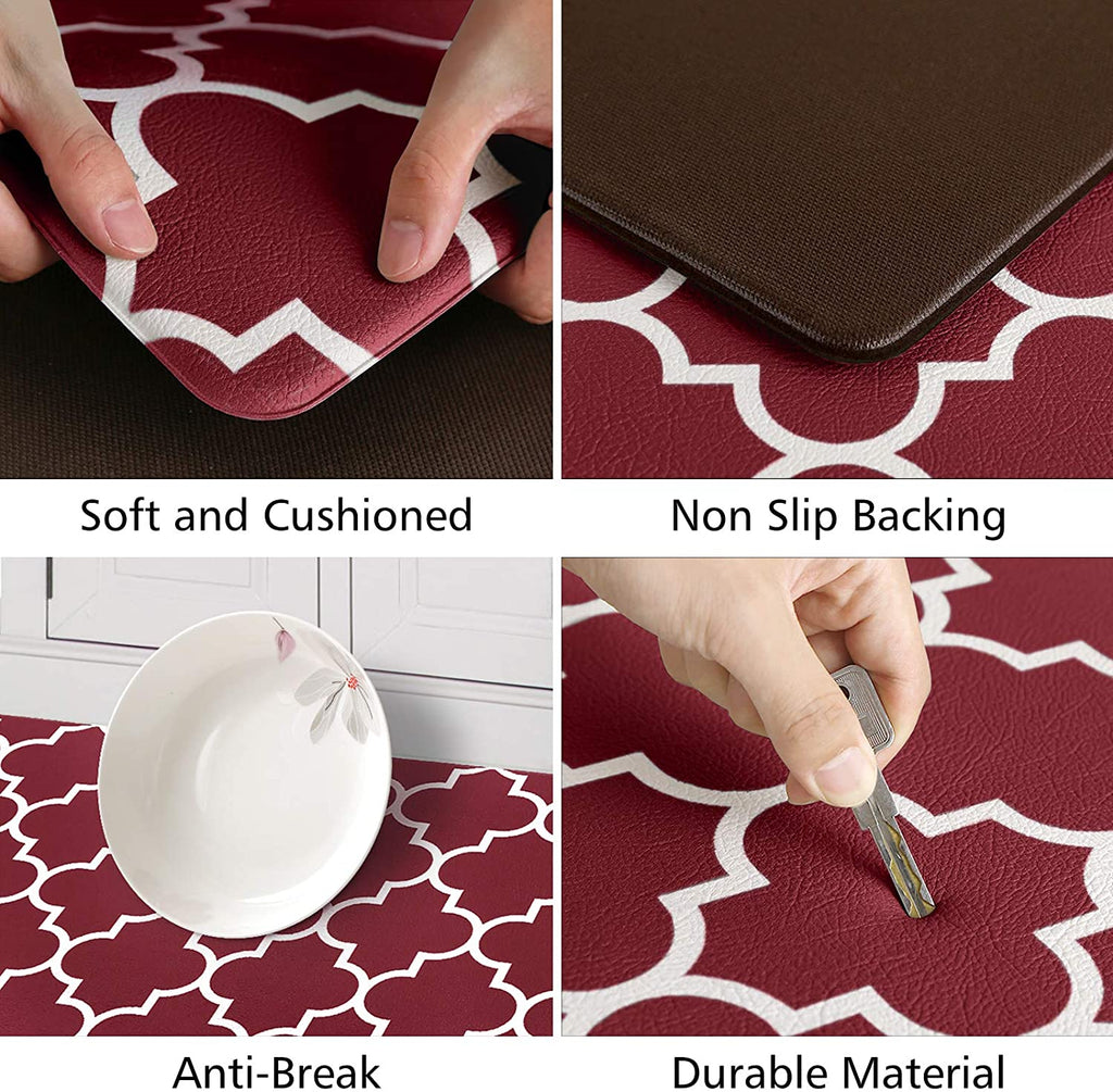 Kitchen Mat [2 PCS] Cushioned Anti-Fatigue Kitchen Rug, Waterproof Non-Slip Kitchen Mats and Rugs Heavy Duty PVC Ergonomic Comfort Standing Foam Mat for Kitchen, Office, Sink, Laundry,Red