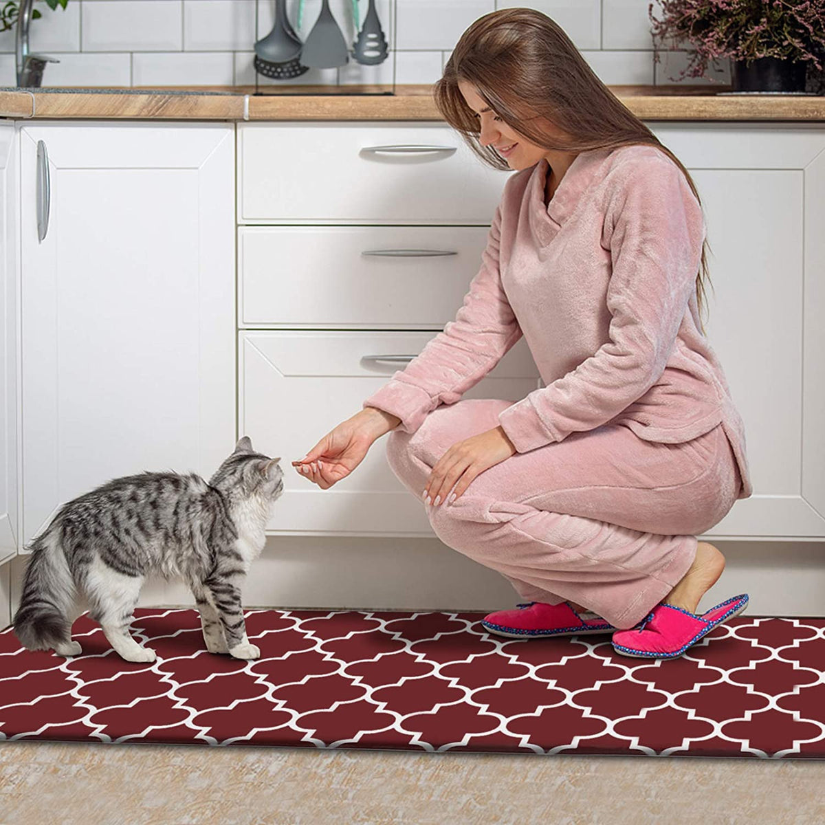 Kitchen Mat [2 PCS] Cushioned Anti-Fatigue Kitchen Rug, Waterproof Non-Slip Kitchen Mats and Rugs Heavy Duty PVC Ergonomic Comfort Standing Foam Mat for Kitchen, Office, Sink, Laundry,Red