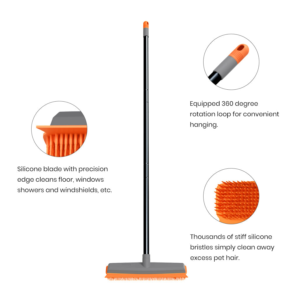 Rubber Broom Pet Hair Broom with Squeege Push Broom Carpet Rake