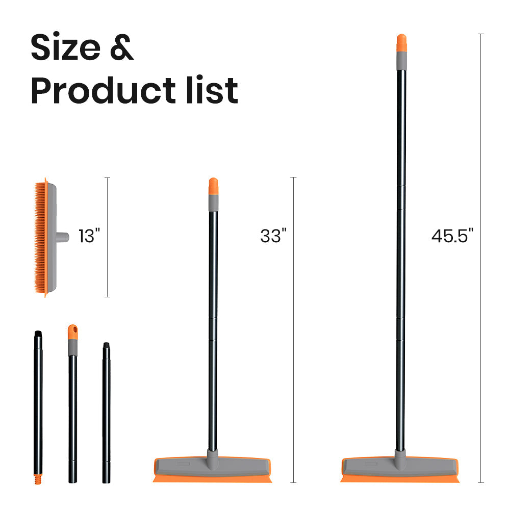 Rubber Broom Pet Hair Broom with Squeege Push Broom Carpet Rake