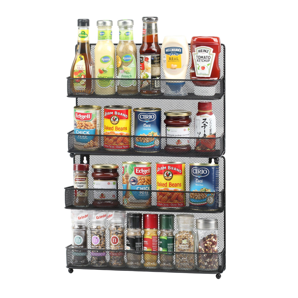 Wall Mount Spice Rack Organizer Mesh Seasoning Rack Hanging Spice Storage Holder for Door-Black-2 Pack 2 Tier