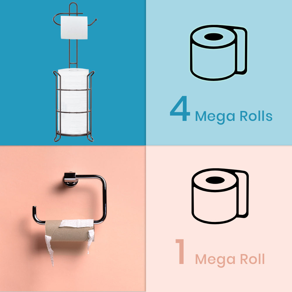 TreeLen Toilet Paper Holder Stand Bathroom Tissue Roll Dispenser Holder Free Standing with Storage Rack Reserves 4 Mega Rolls-Bronze
