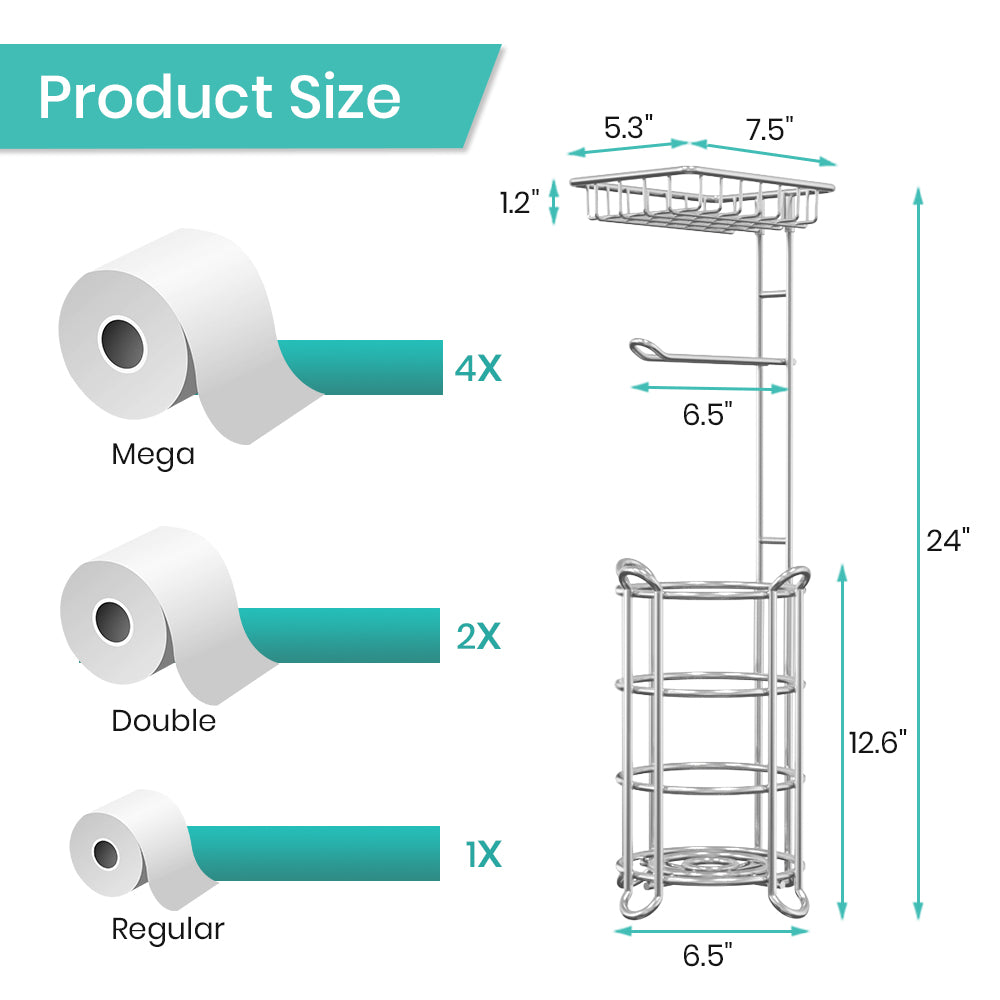 TreeLen Toilet Paper Holder Stand Toilet Tissue Roll Holder with Shelf for Bathroom Storage Holds Phone/Wipe/Mega Rolls-Shiny Chrome