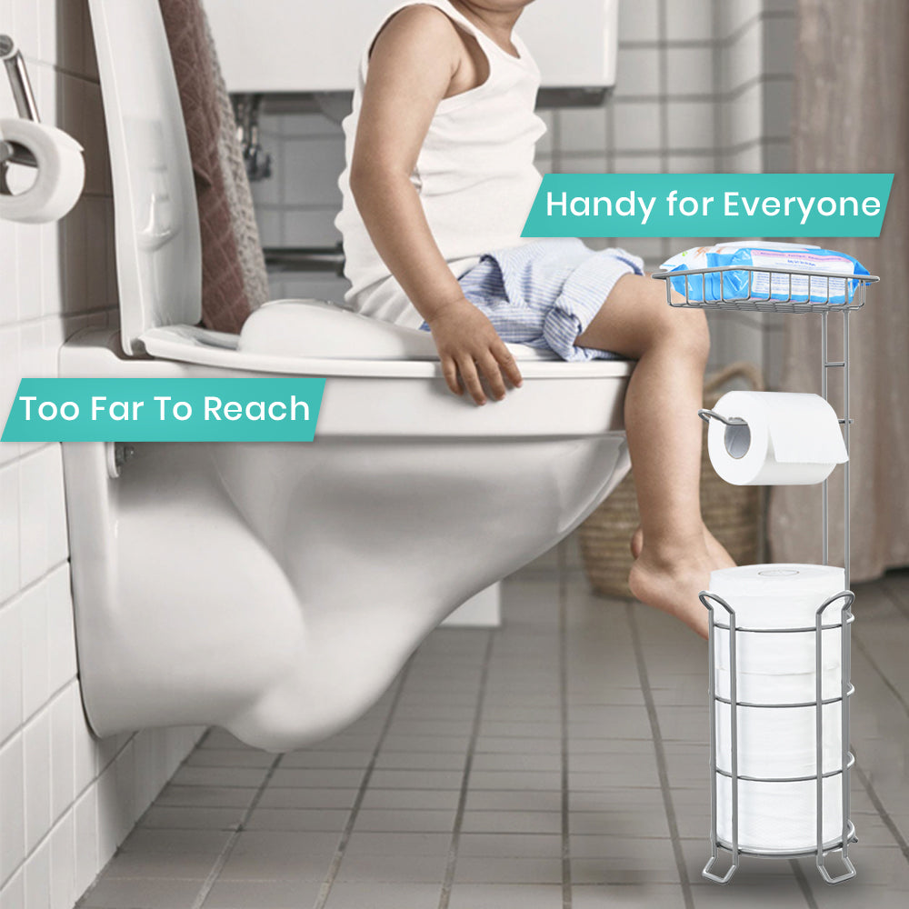 TreeLen Toilet Paper Holder Stand Bathroom Tissue Dispenser Holders Rack Free Standing with Extra Shelf Storage Mega Rolls/Phone/Wipe - Silver