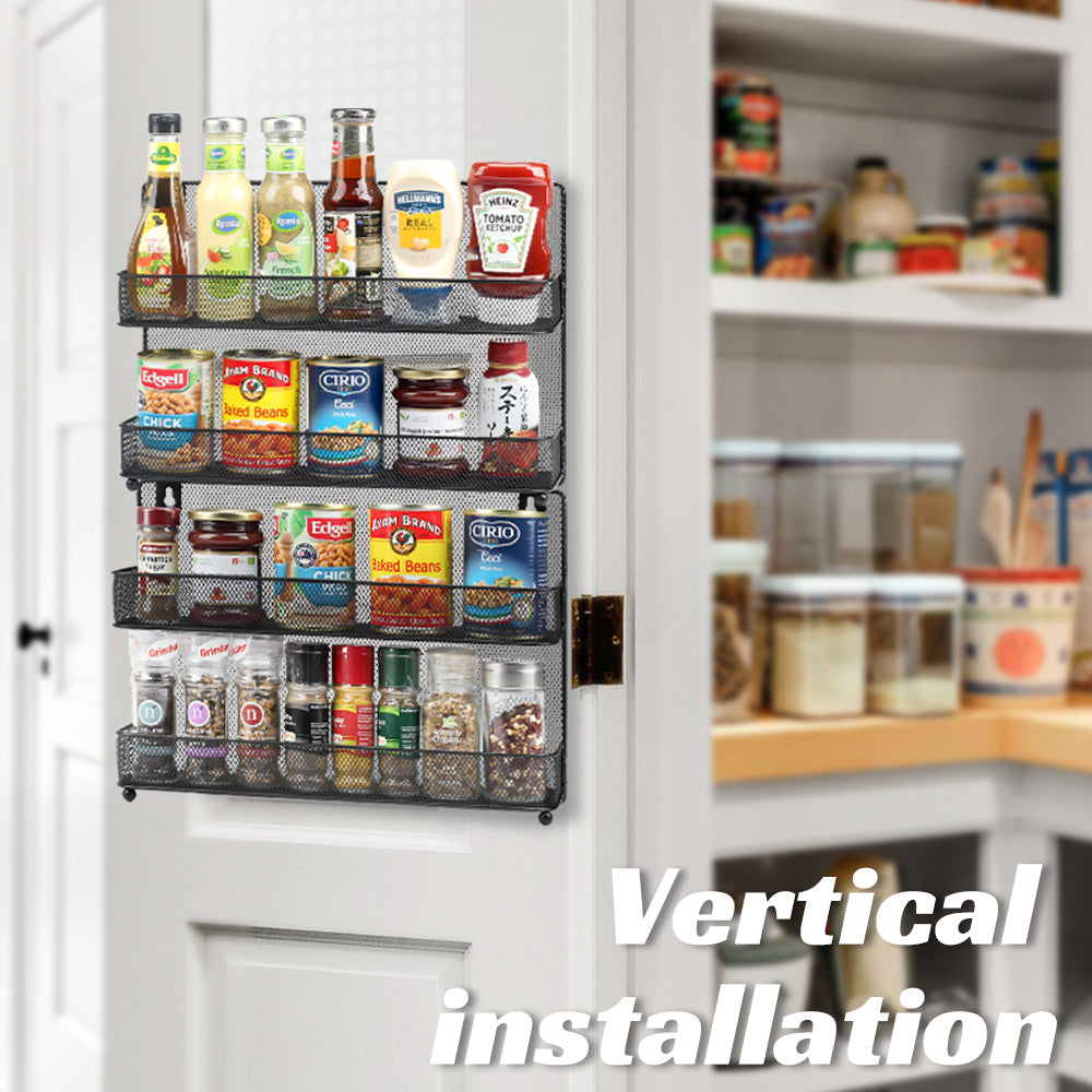 Wall Mount Spice Rack Organizer Mesh Seasoning Rack Hanging Spice Storage Holder for Door-Black-2 Pack 2 Tier